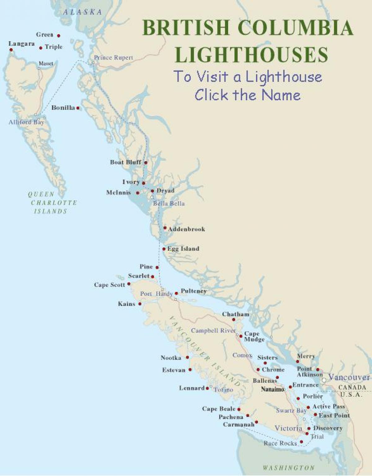 نقشه از جزیره ونکوور lighthouses
