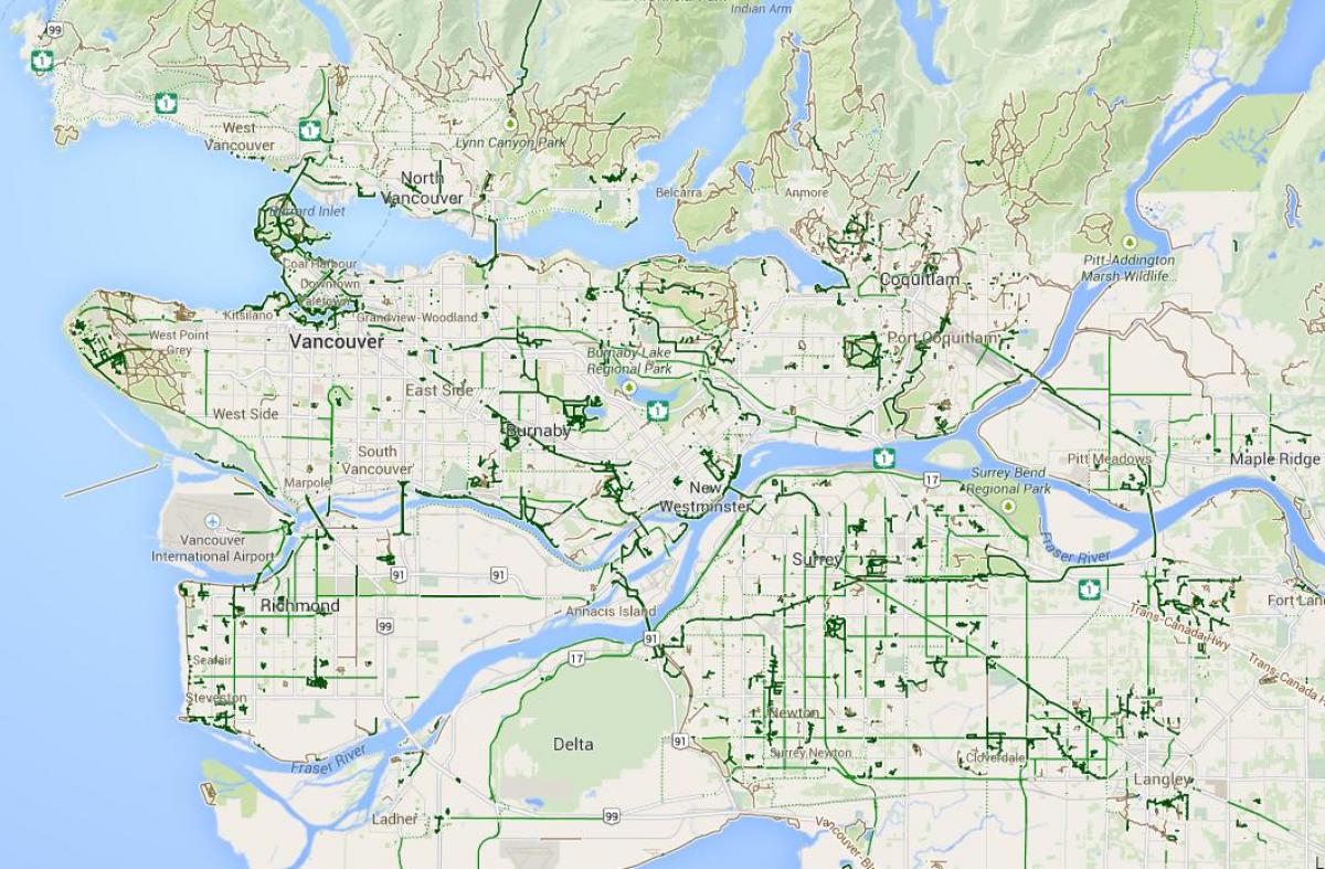 نقشه مترو ونکوور دوچرخه سواری